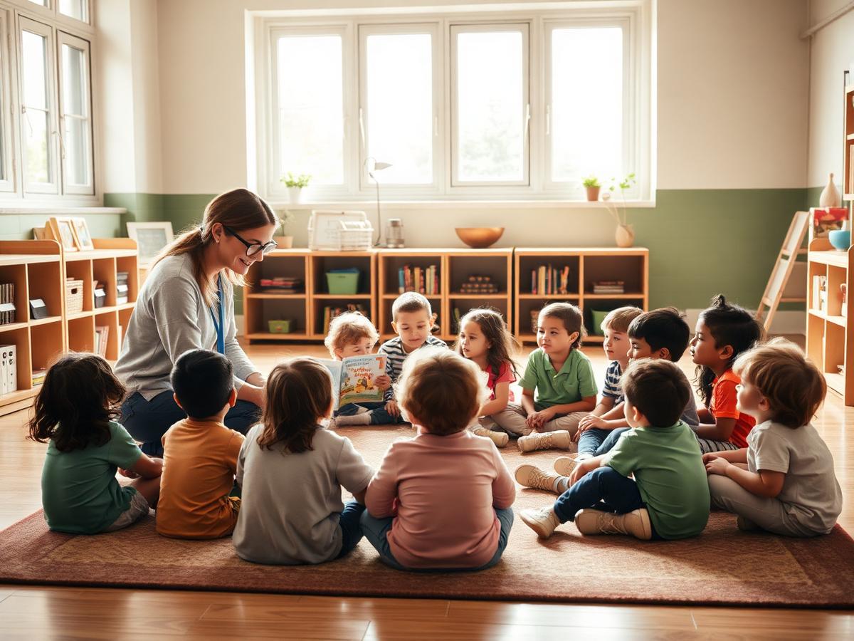 A teacher reading aloud to a circle of children